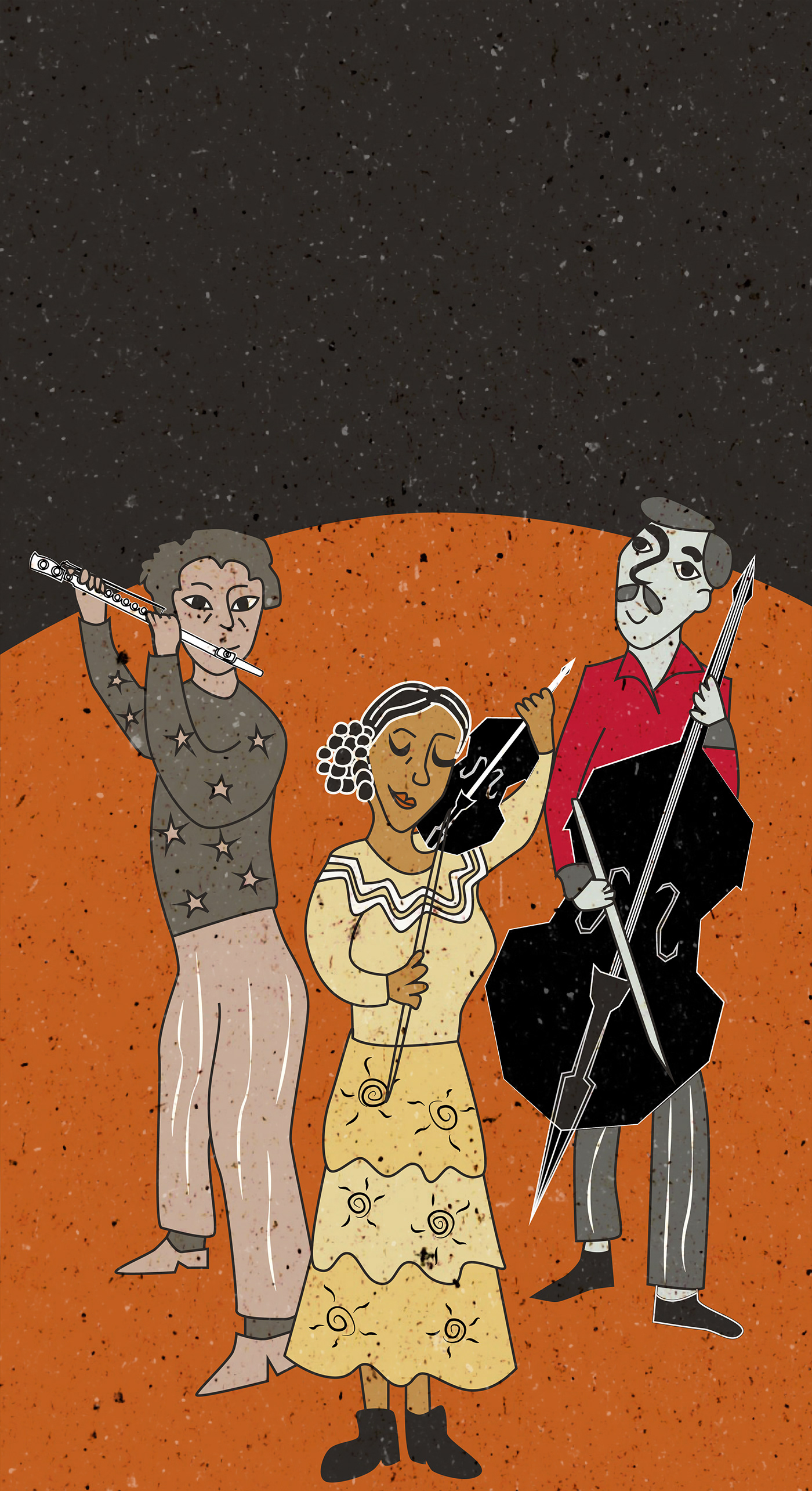 Ilustração que remete a xilogravura de três músicos tocando flauta, violino e contrabaixo.