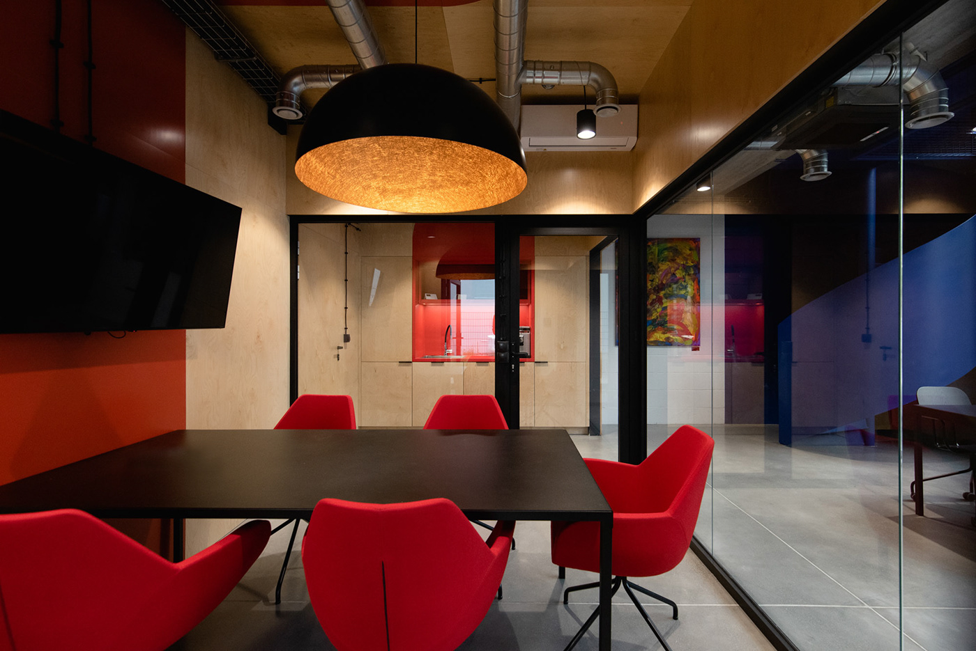 blue colours concrete industrial interior design  mode:lina Office orange poland wood