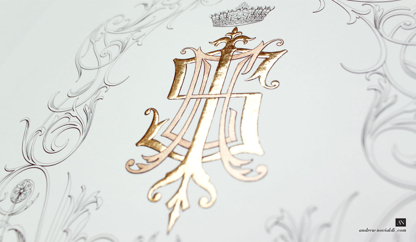 monogram wedding lettering Ironworks french style flourish flower garland Royal Crown gold gilding