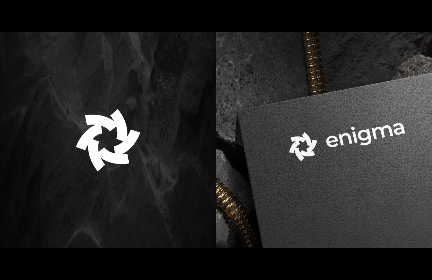 photos with the enigma logo on a background of black sand and printing on paper