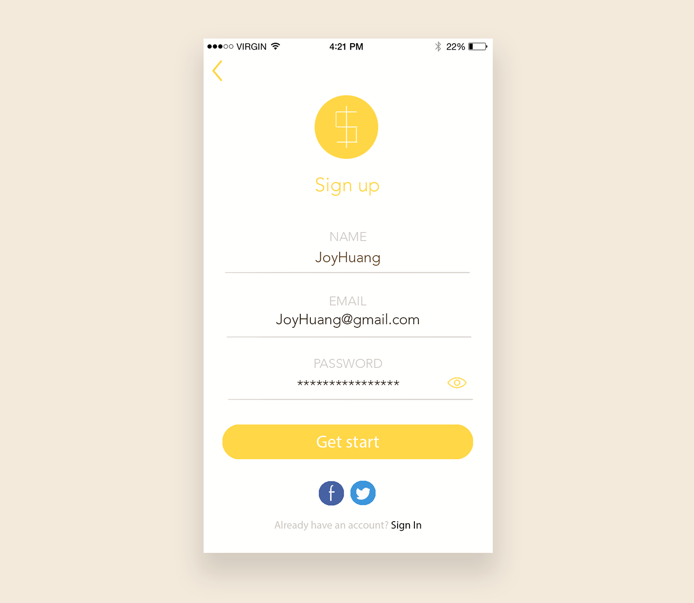 sign up app UI design