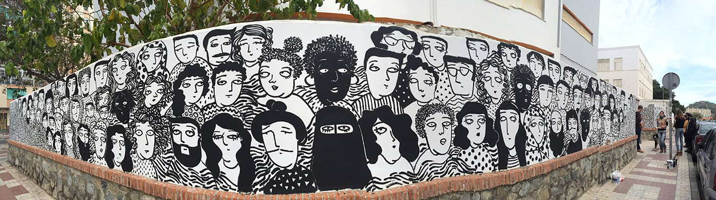 ILLUSTRATION  Refugees malaga Bellas artes Fine Arts  Mural wall Street Art  acrylic black and white