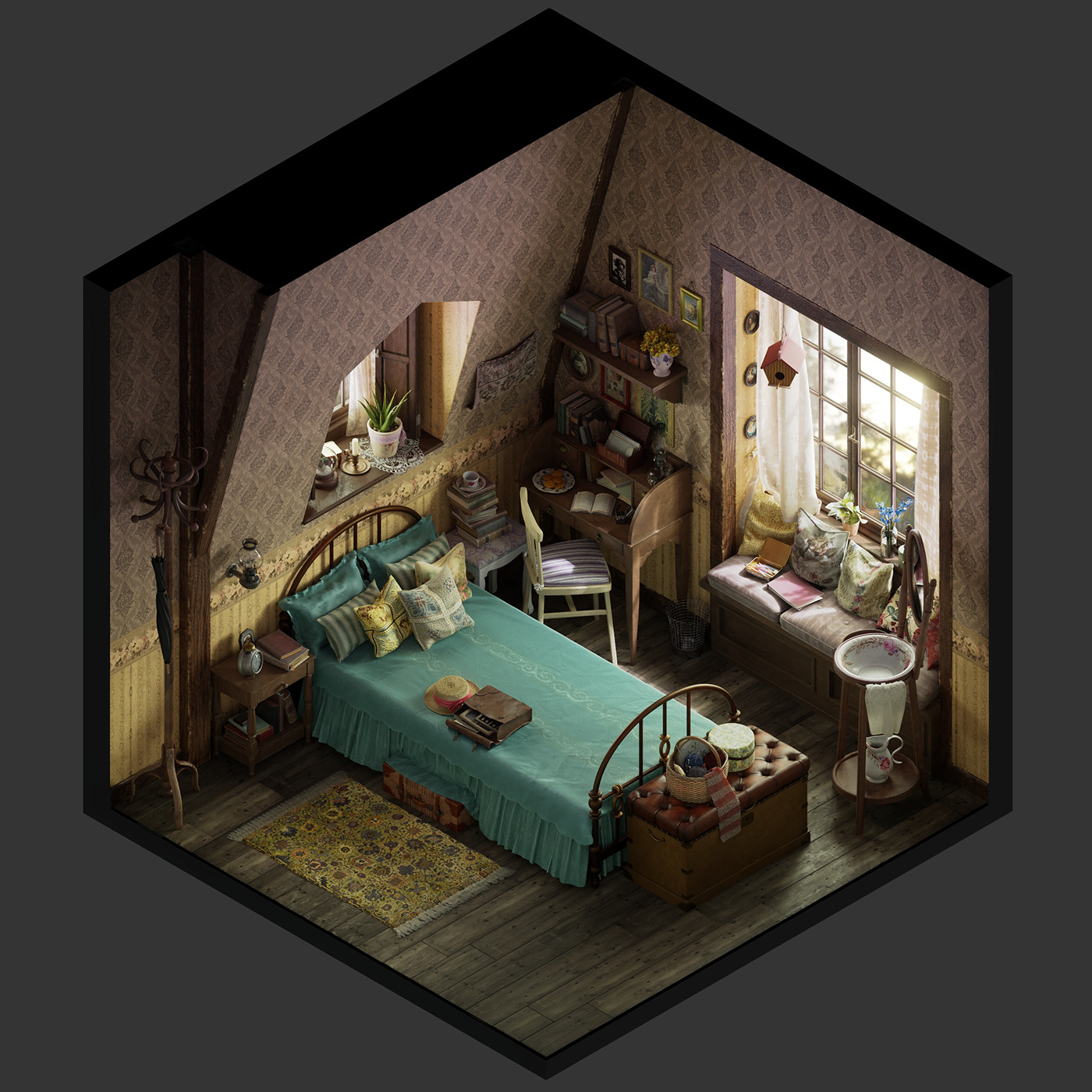 bedroom archviz Isometric vintage environement Interior Diorama 3D
