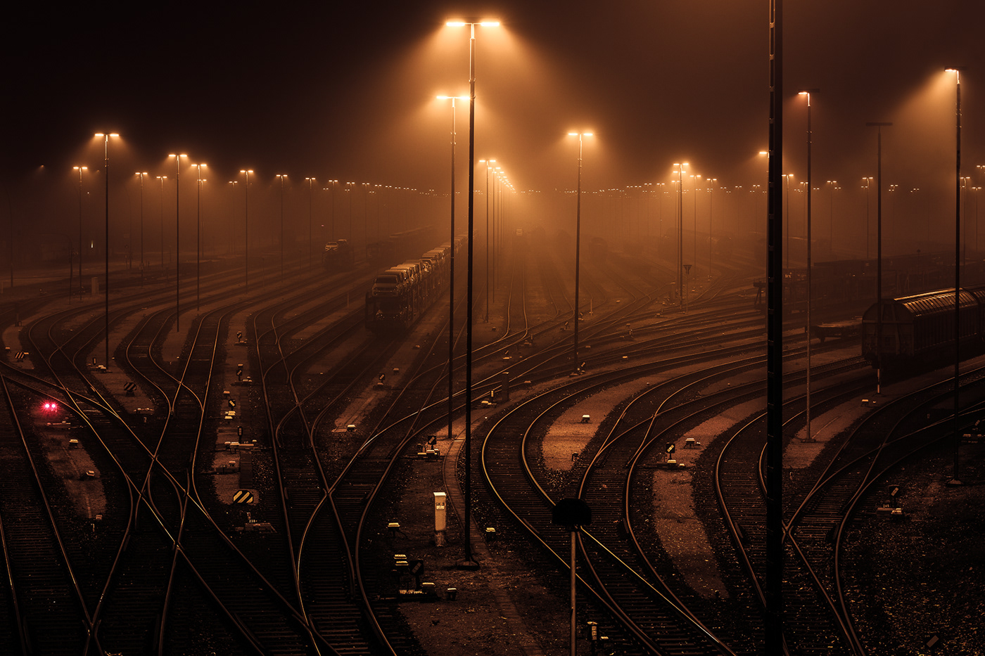 industry foggy night railway freight traffic container terminal industrial landscape hamburg Photography  harbour