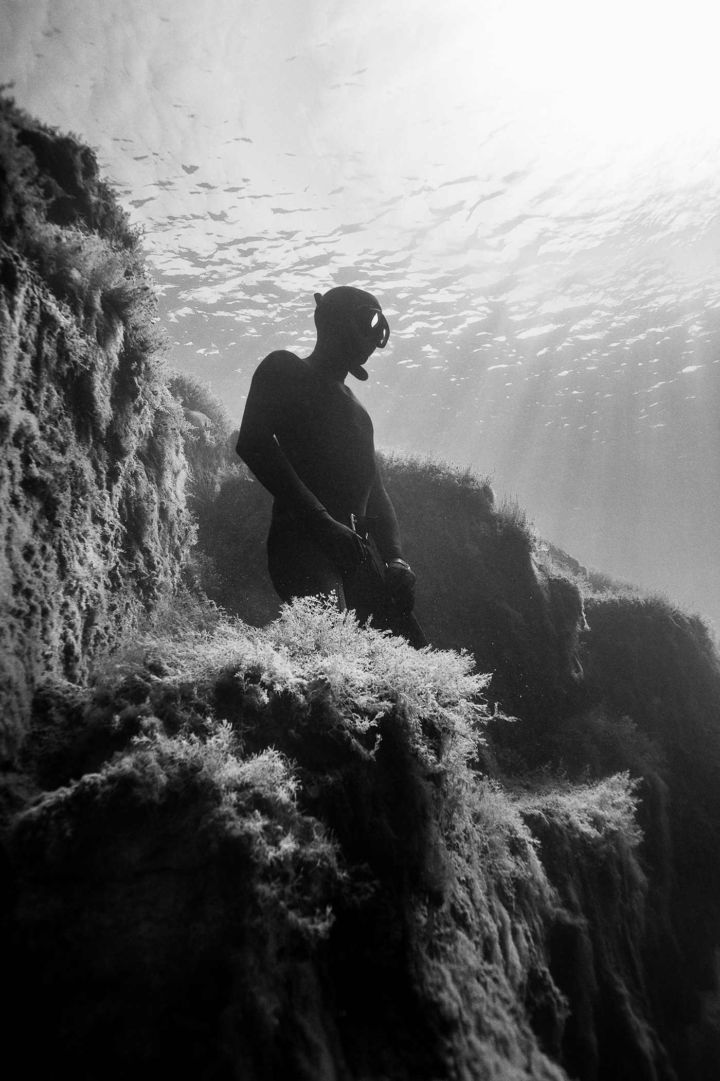 freediving depth water black and white underwater dark water Apnée plongée abys Quebec