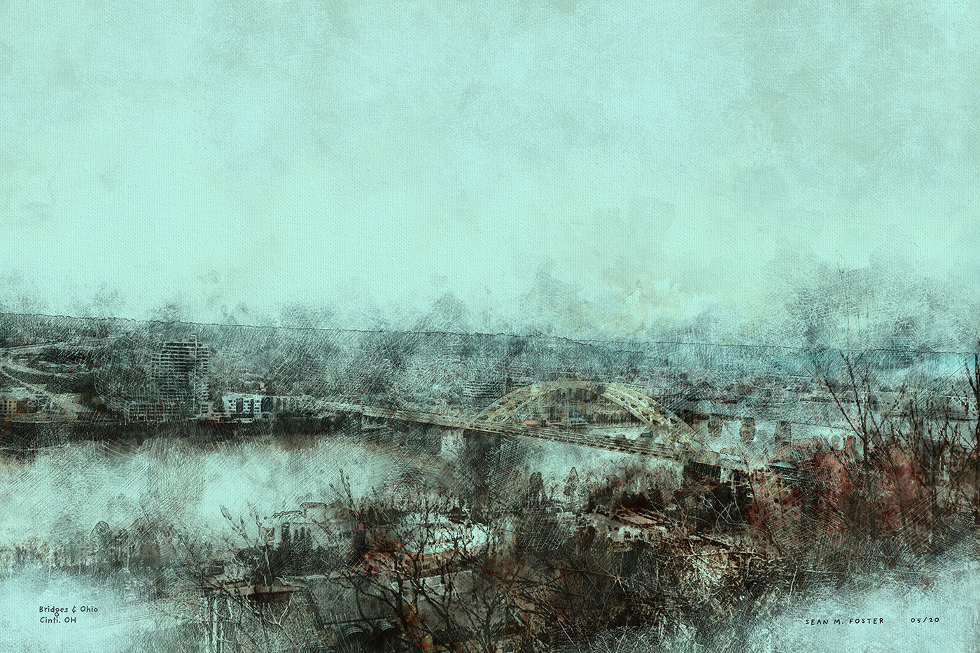 Watercolor landscape of Ohio River and bridges of Cincinnati