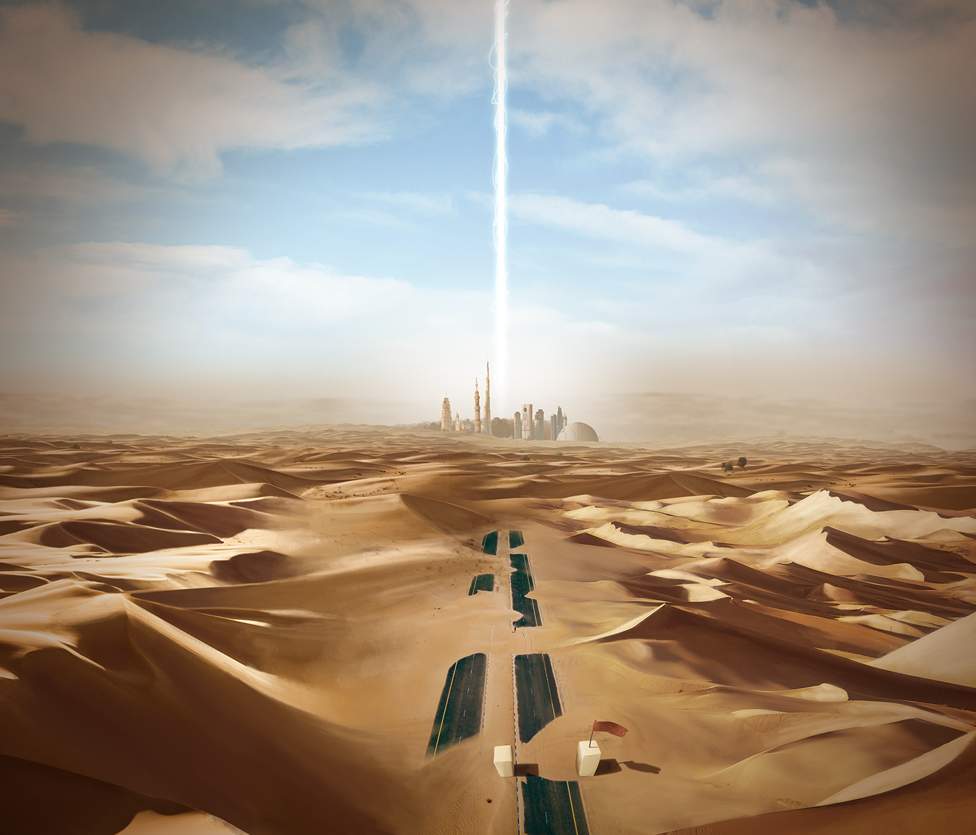 Photobash beacon fantasy Scifi desert city Dystopian SKY dunes