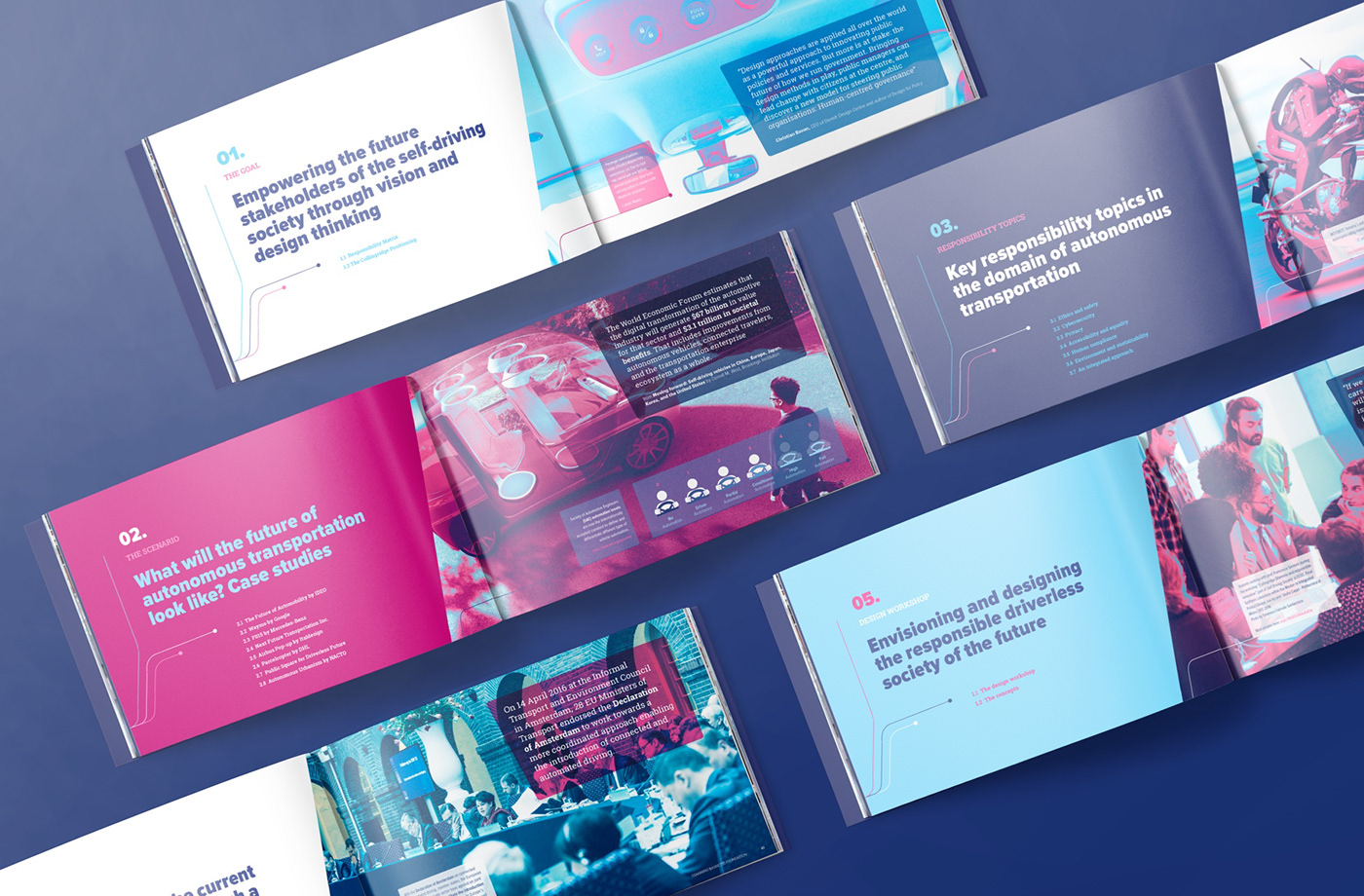 Multicolor open brochures, showing the graphic design of chapter covers
