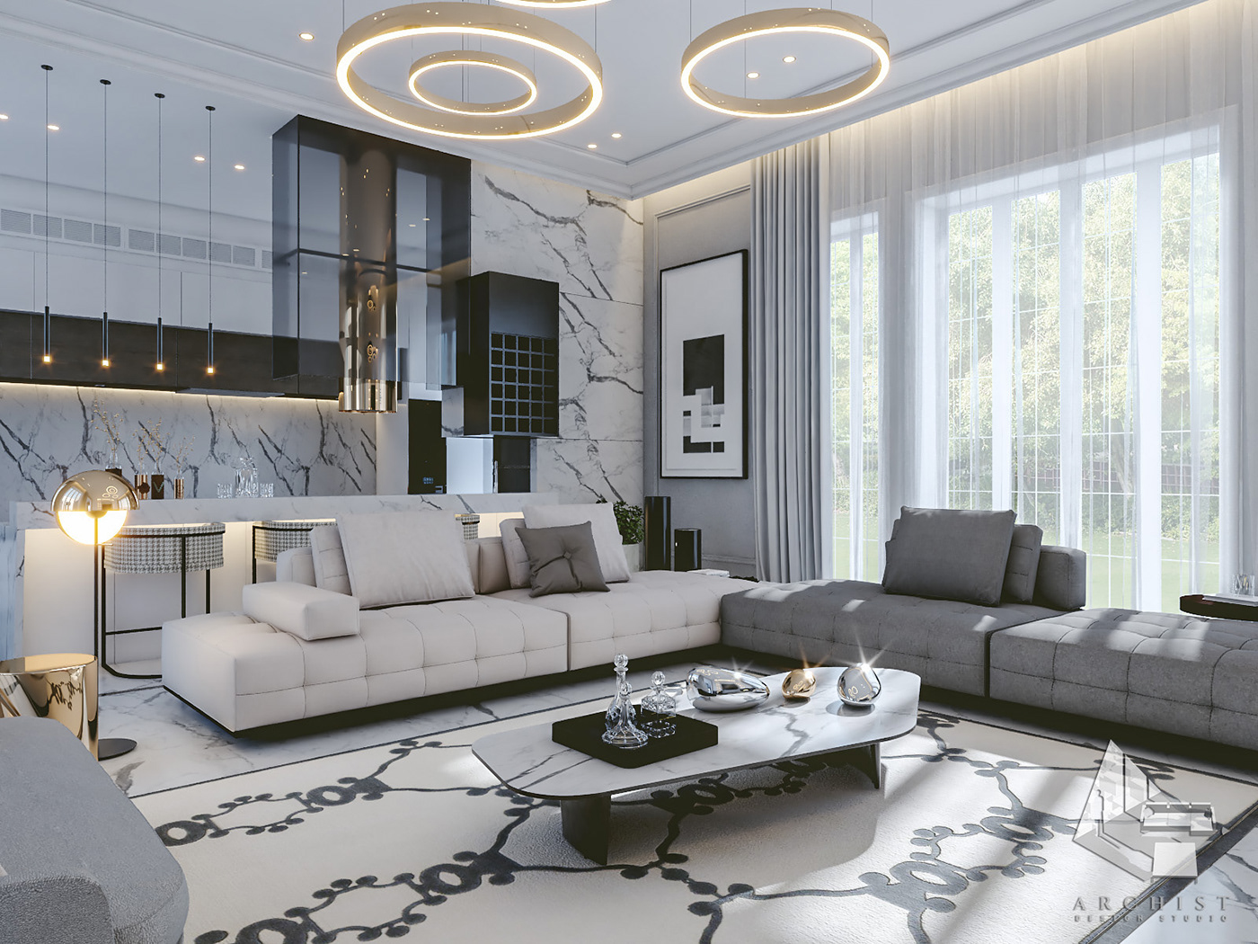 archist dubai egypt kitchen livingroom modern Residence UAE White