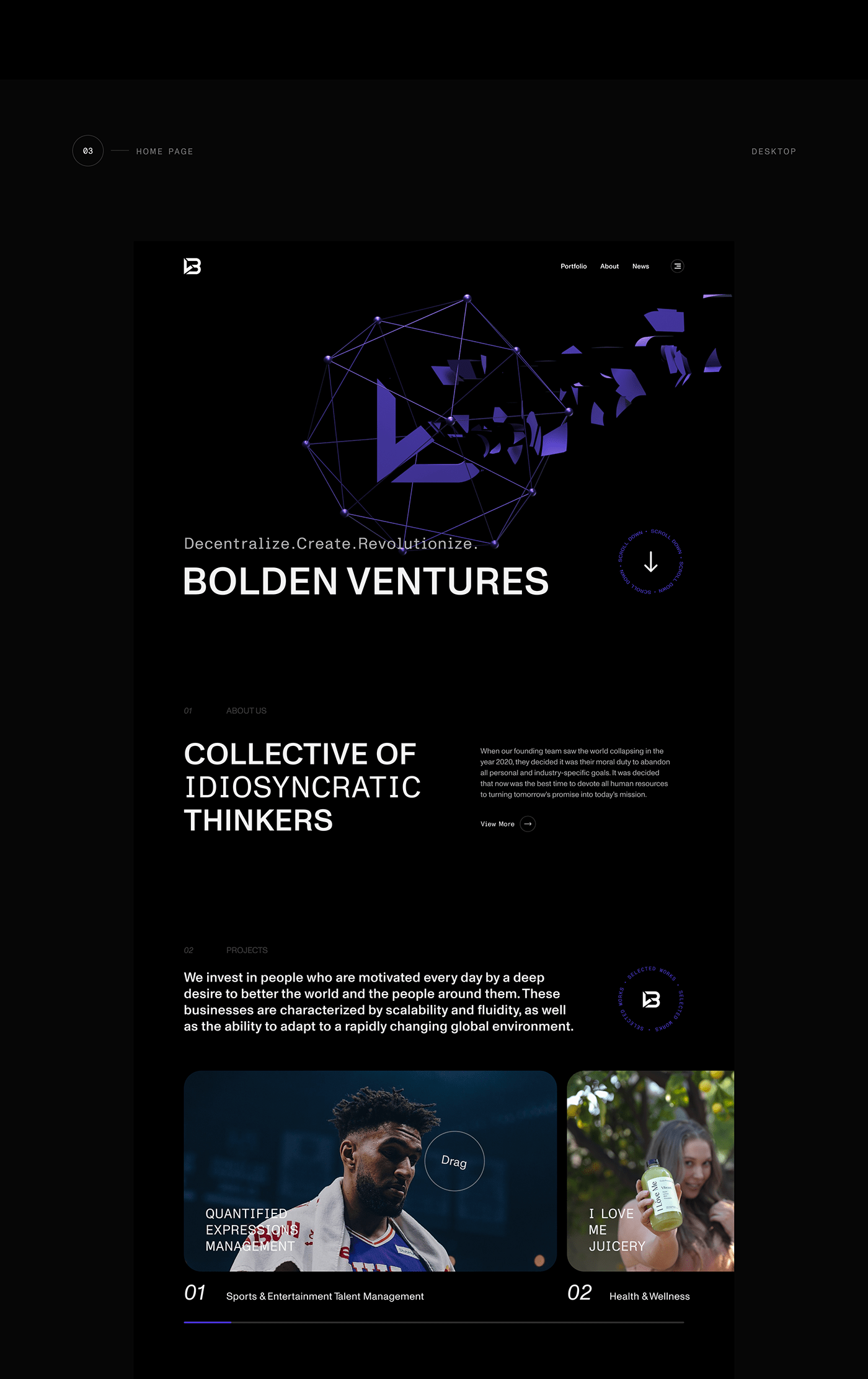Home page Bolden Ventures. Desktop. 3D and creative. Website.