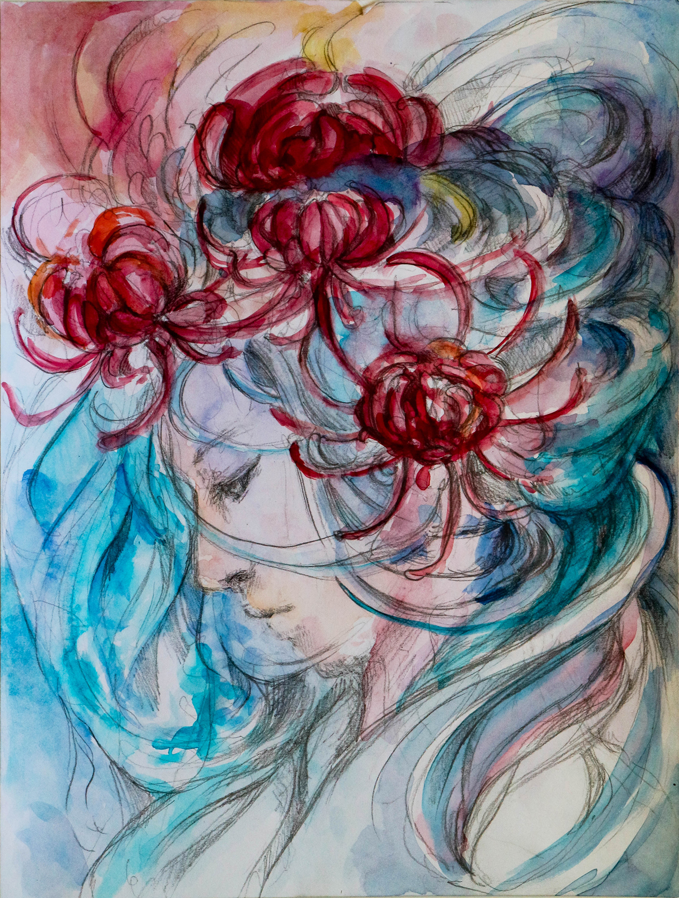 profile portrait watercolor gestural spider lily flower hair