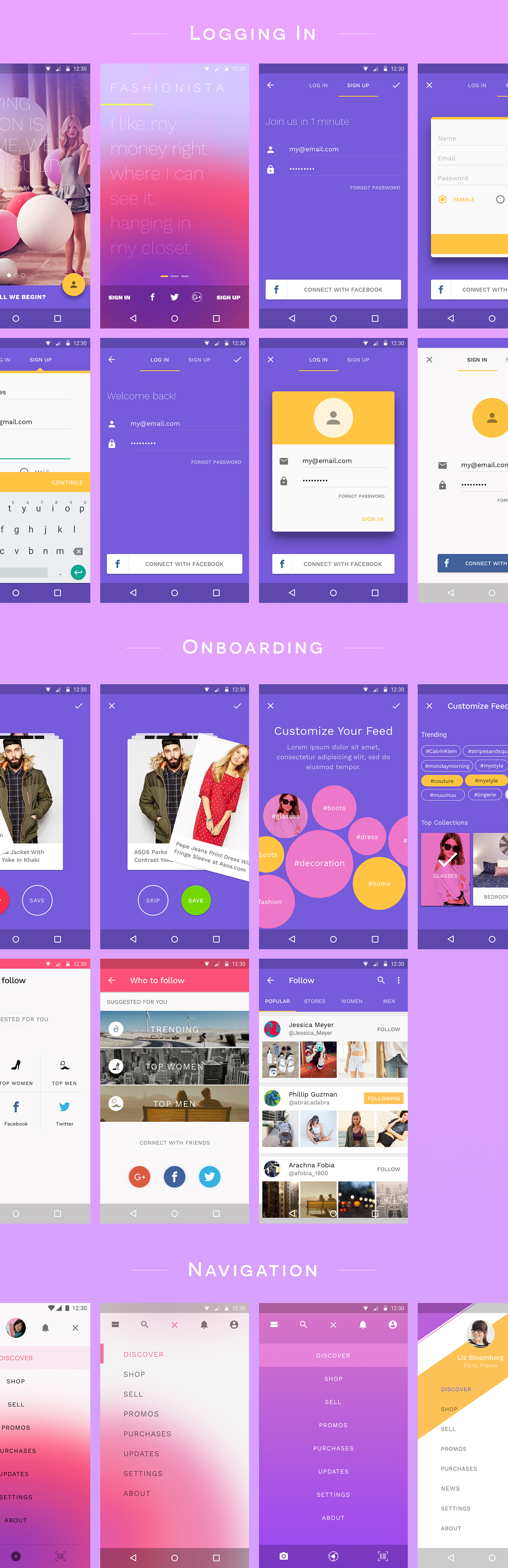 material design ui kit mobile design android UX design Fashion  pink Interaction design  sketch Animated Prototype