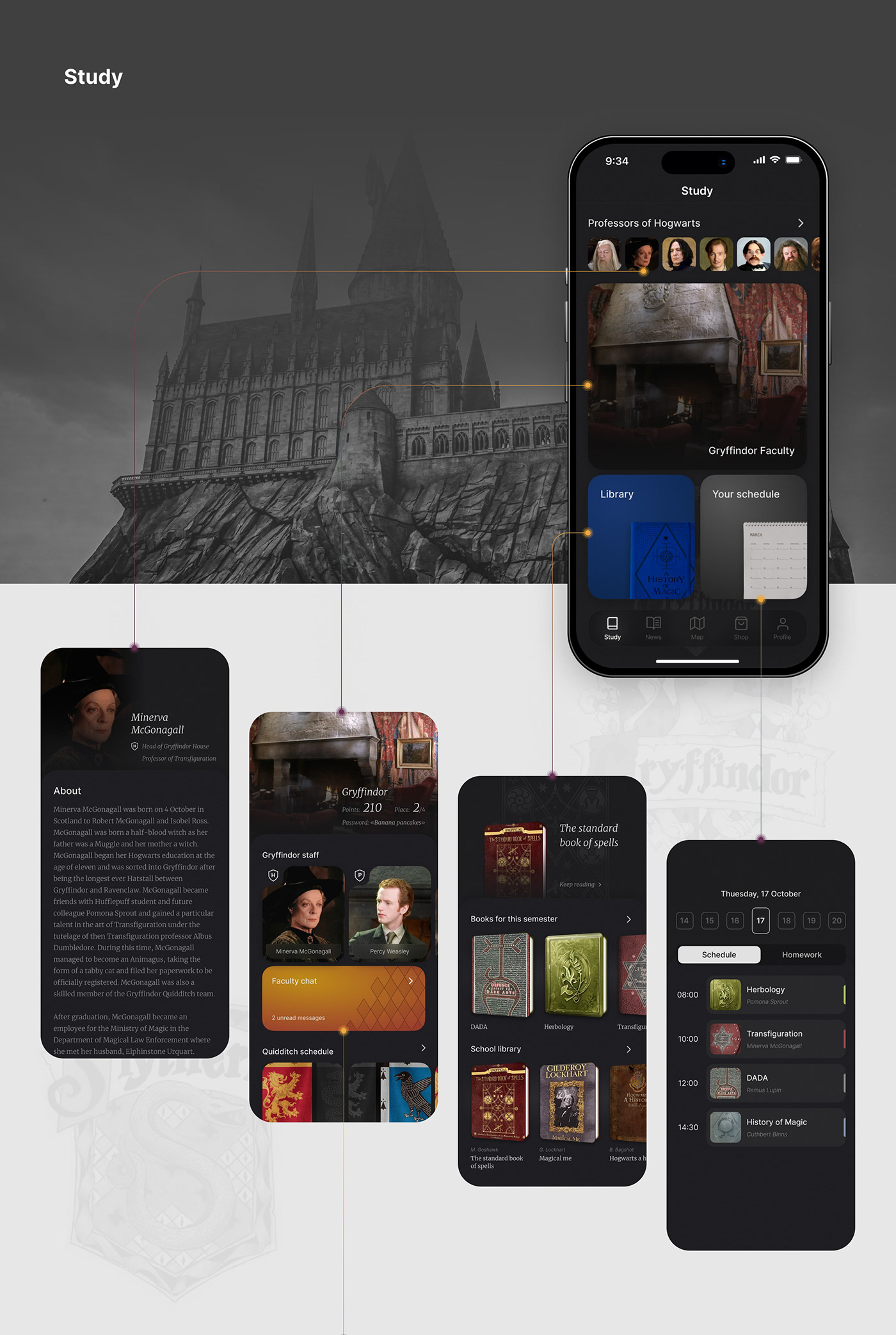 Main screen of mobile application "Hogwarts"