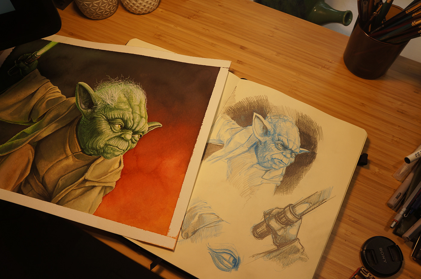 artwork bounty hunter fanart ILLUSTRATION  painting   process Starwars watercolor yoda