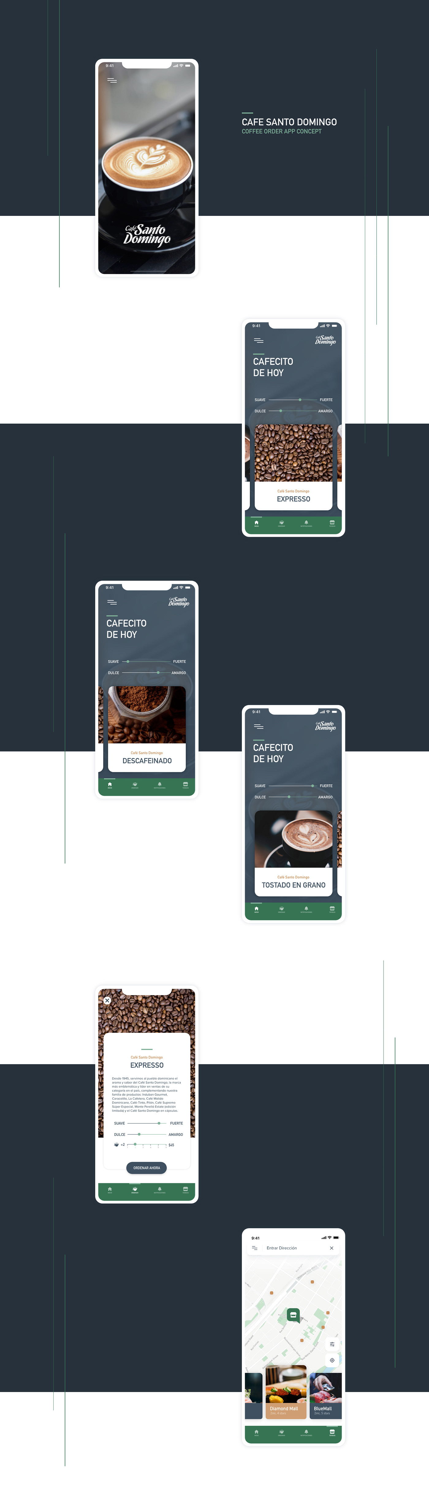 Mobile app app concept coffee app Cafe Santo Domingo UX design App prototype ruben cespedes slick mobile app app design visual design