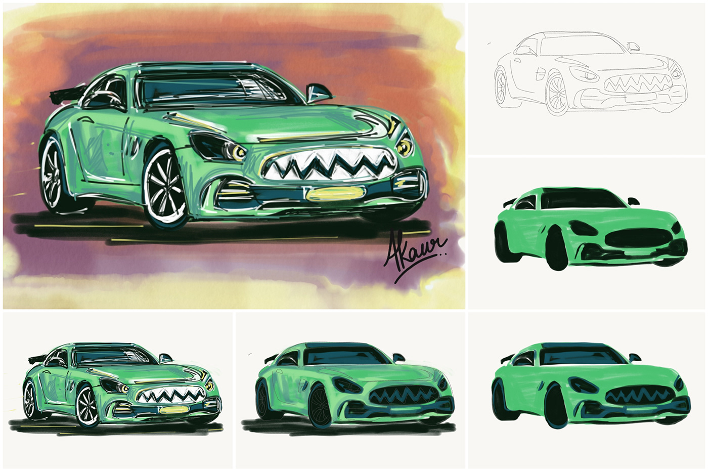 car cartoon Character colour raw sketch Shades strokes ILLUSTRATION 