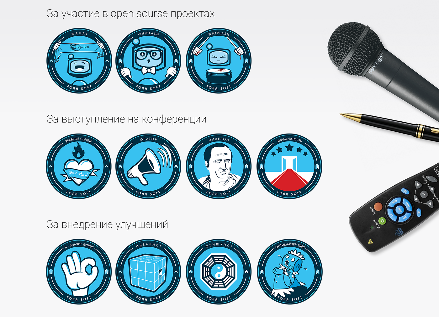 ForaSoft Achivment ILLUSTRATION  Badges gamification caps pin pins sticker stickers