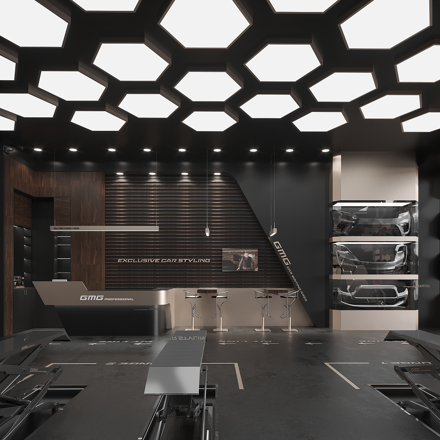 architecture car design exclusive garage interior design  luxury realistic Render showroom