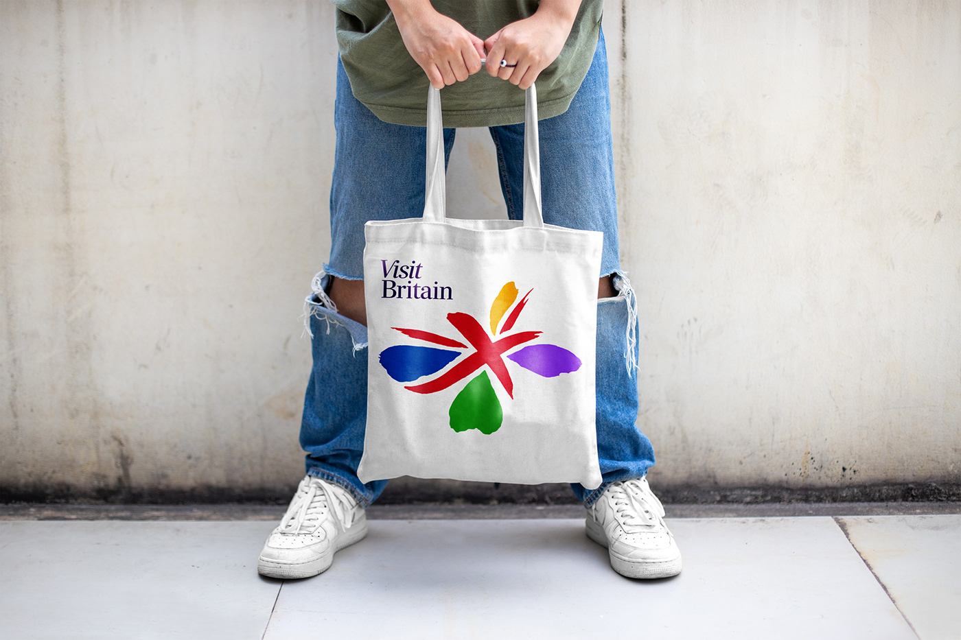 Visit Britain, Tourism Brand Identity. Union Jack butterfly logo on a tote bag 