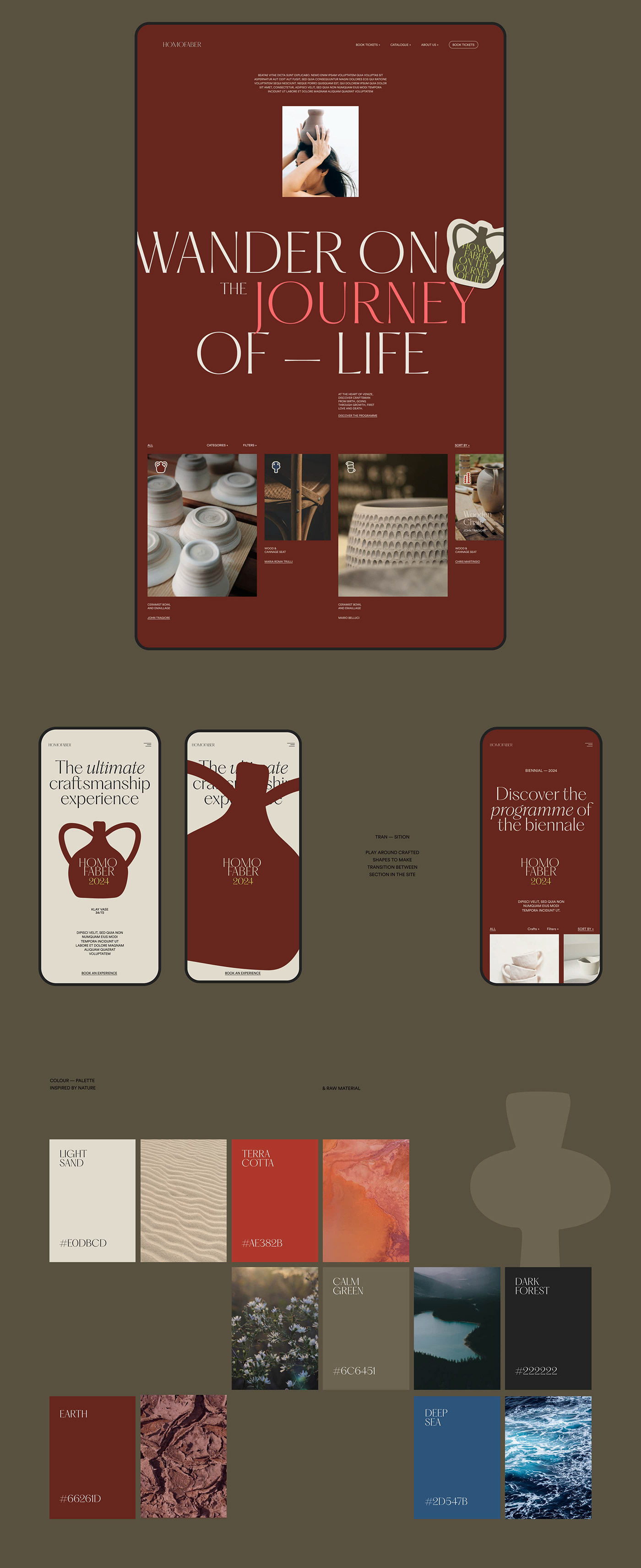 desktop page design with carousel, elegant font, red background, mobile animation, color palette