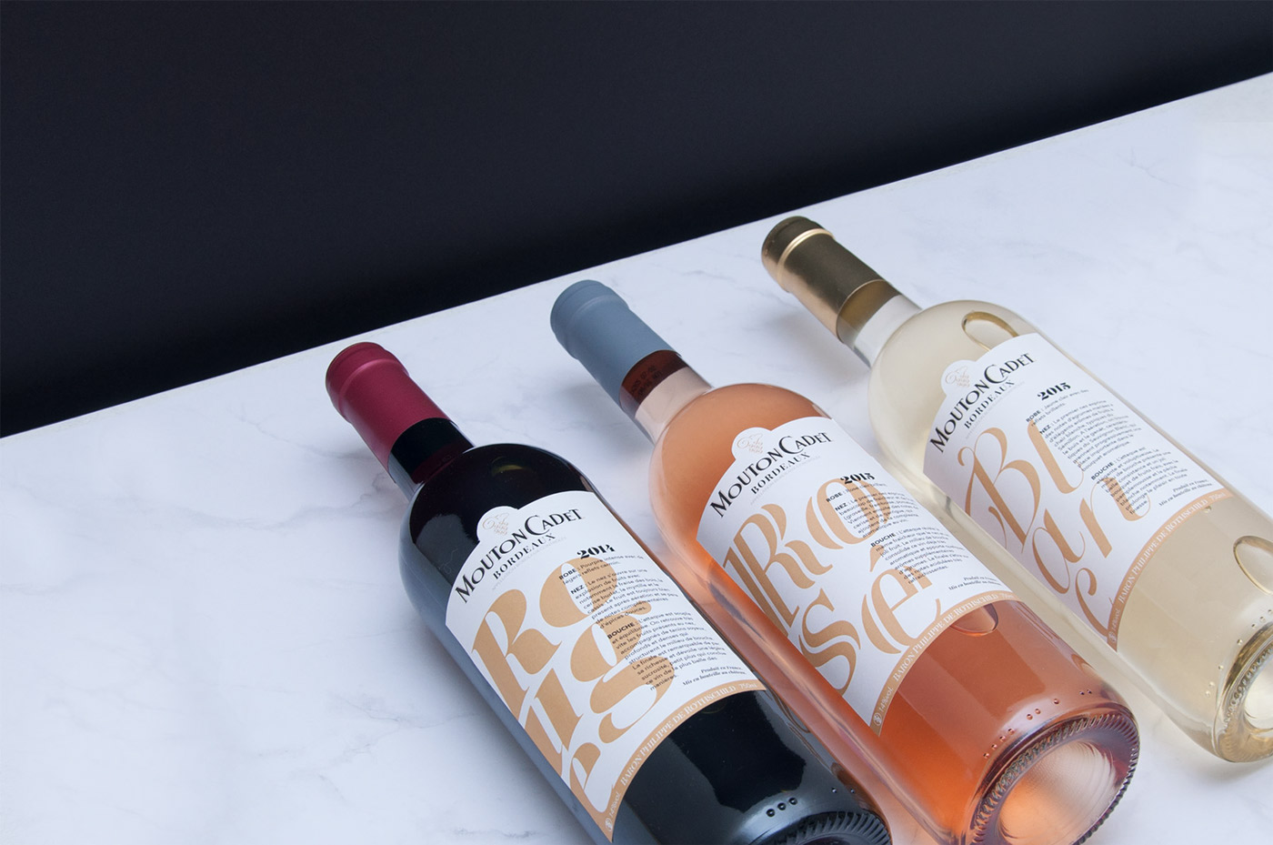 wine Label typography   Packaging ecv tag Mouton Cadet bottles Bordeaux