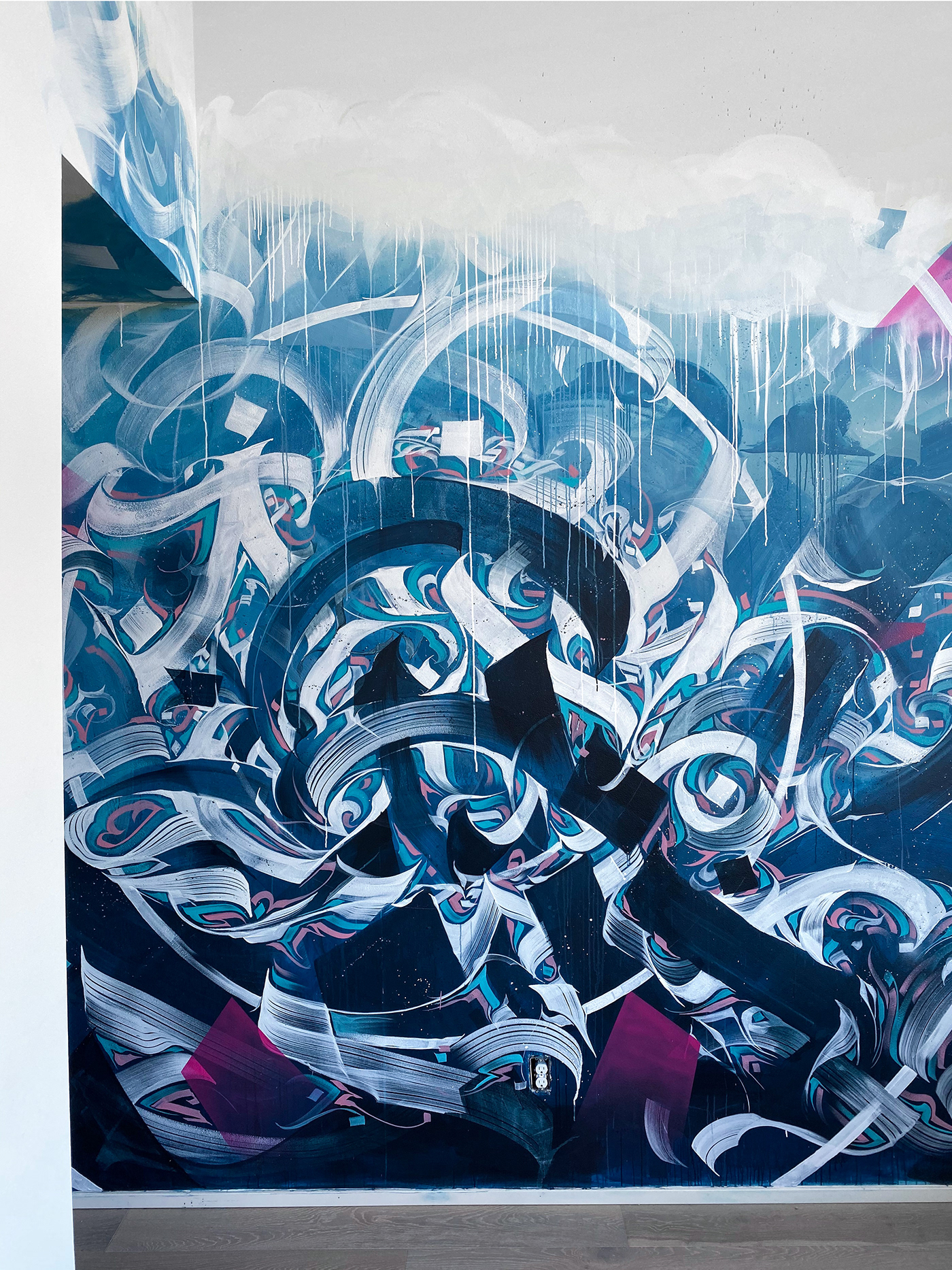 Mural painting   seattle Calligraphy   abstract mural installation blue water flow calligraffiti
