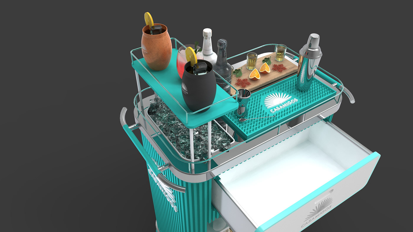mezcal alcohol bar brand identity Casamigos trolley industrial design  3d modeling Render 3D