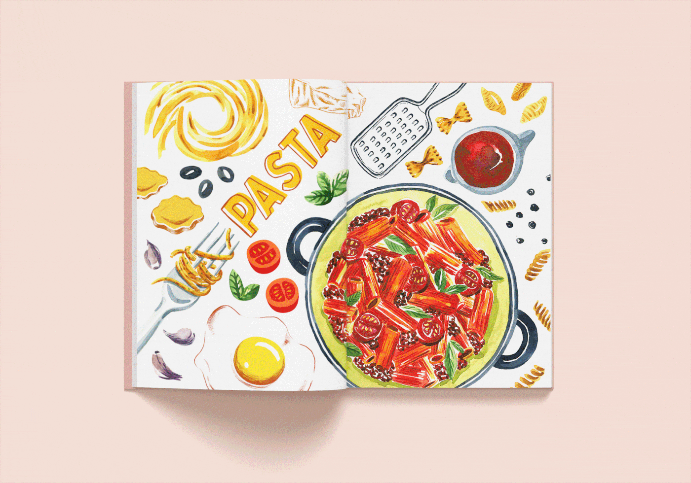 book cover cookbook cooking Food  food illustration ILLUSTRATION  Pasta recipe watercolor watercolour