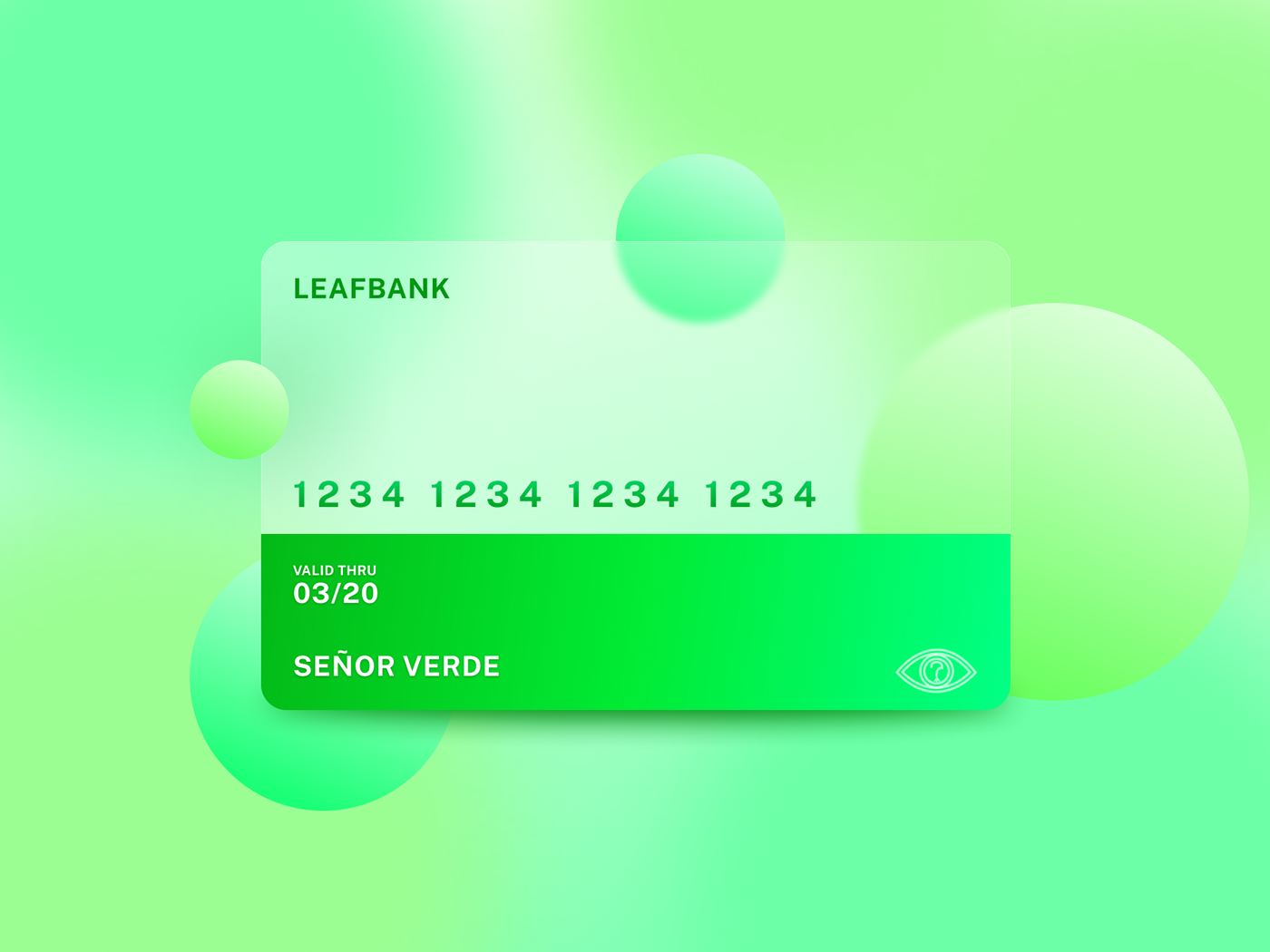 A healing green frosted glass credit card with light pastel bubbles surrounding it!
