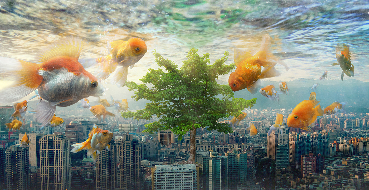 pollution fish underwater Urban cityscape radiation Composite manipulation surreal
