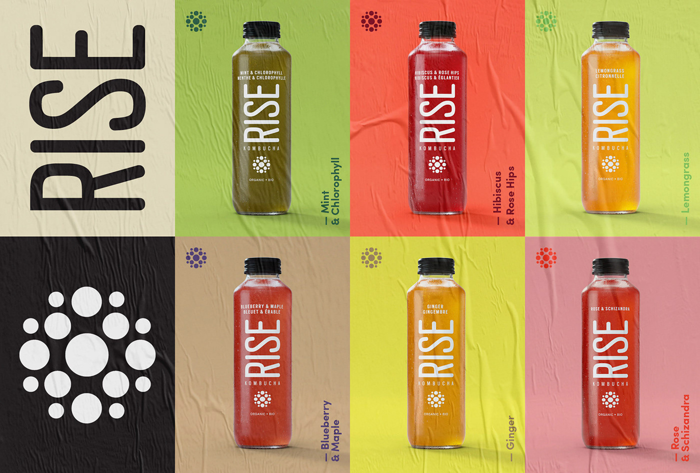 rise kombucha drink branding  energy Packaging identity fresh colors 3D