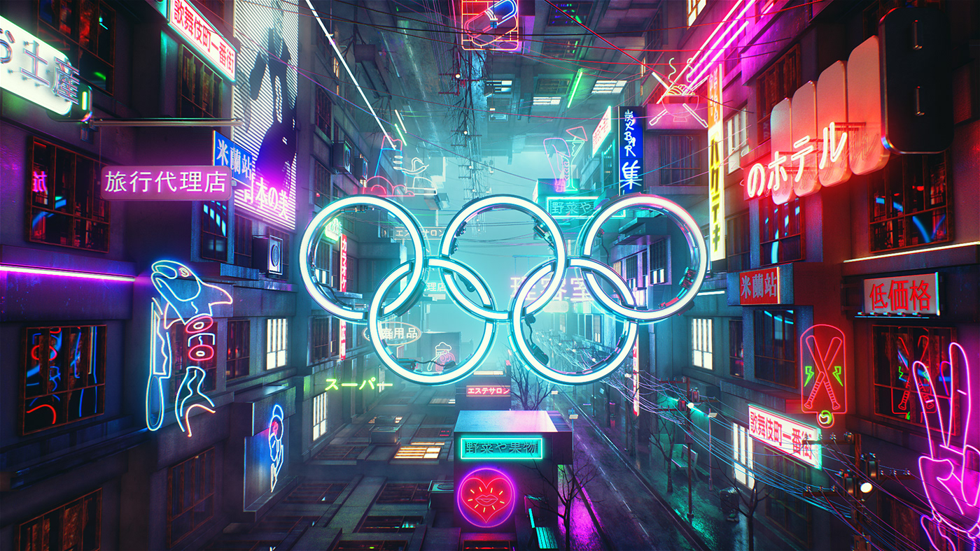 Olympics cinema 4d motion design Cyberpunk neon city CG Octane Render