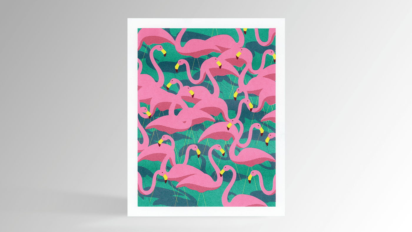 flamingos halftone lawn lawn art pink print Riso Print risograph Shadows birds