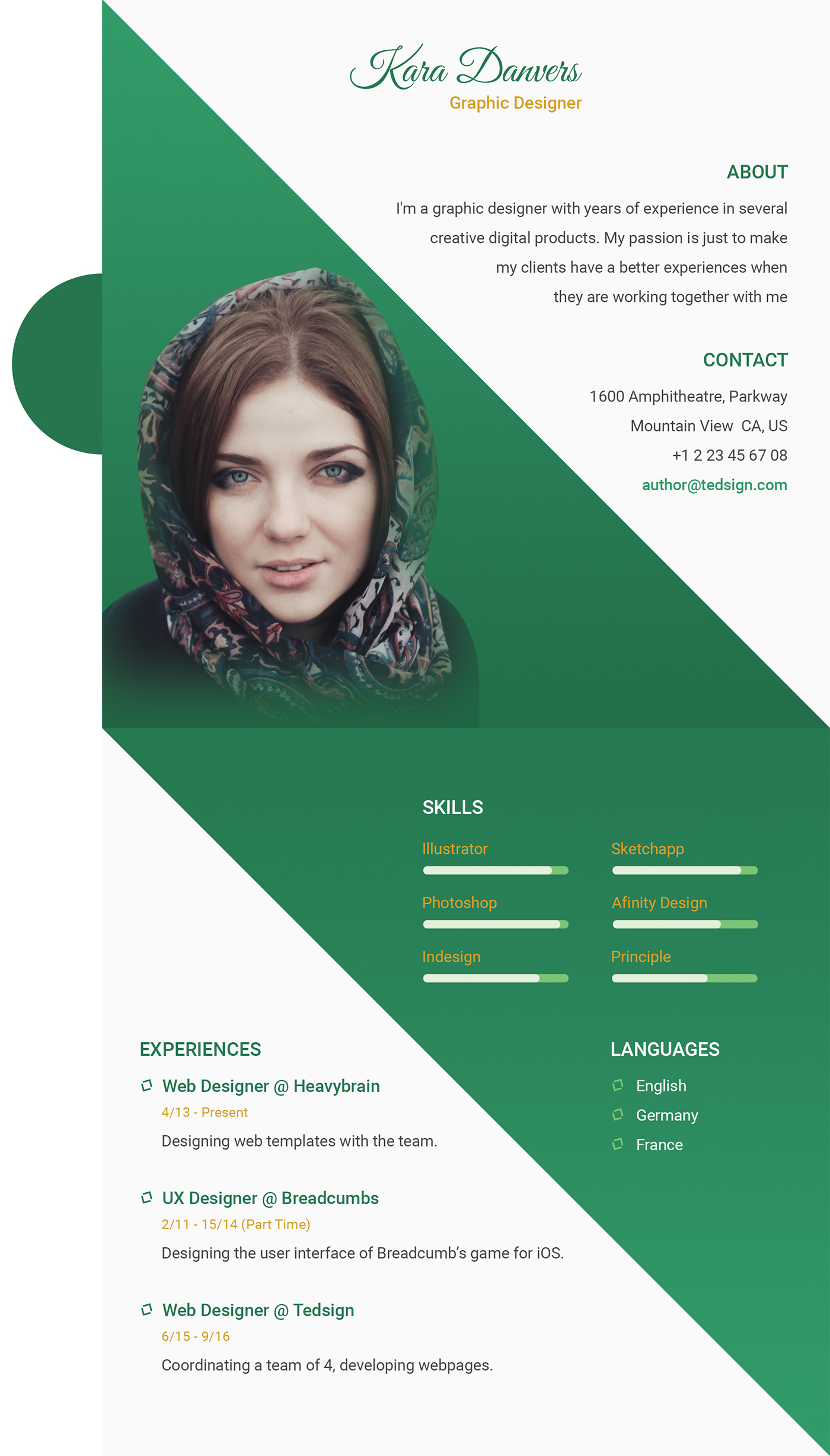Resume CV photoshop Illustrator vector CMYK a4 green White template
