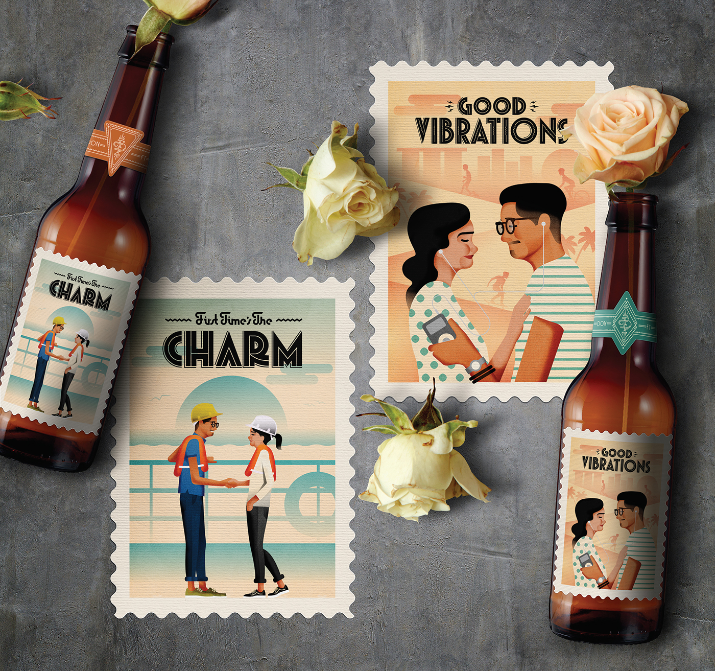 ILLUSTRATION  graphic design  typography   Invitation postcard art deco vintage wedding Bottle Labels Digital Art 