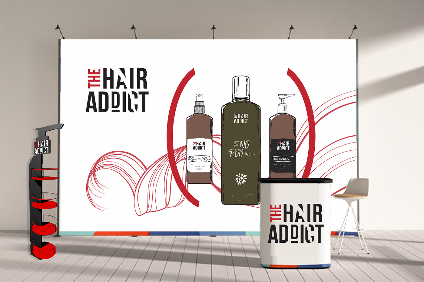 activation Floor Display Floor Stand the hair addict Hair Fest curly hair Mockup graphic design  shampoo