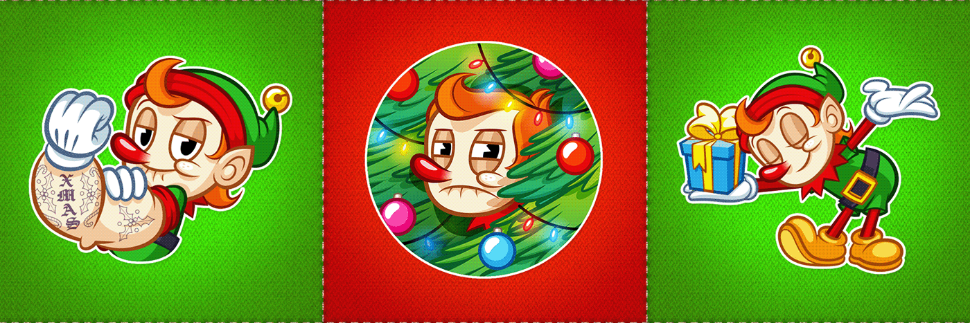cartoon Character design  Christmas elf emotions messenger new year stickers Telegram vector