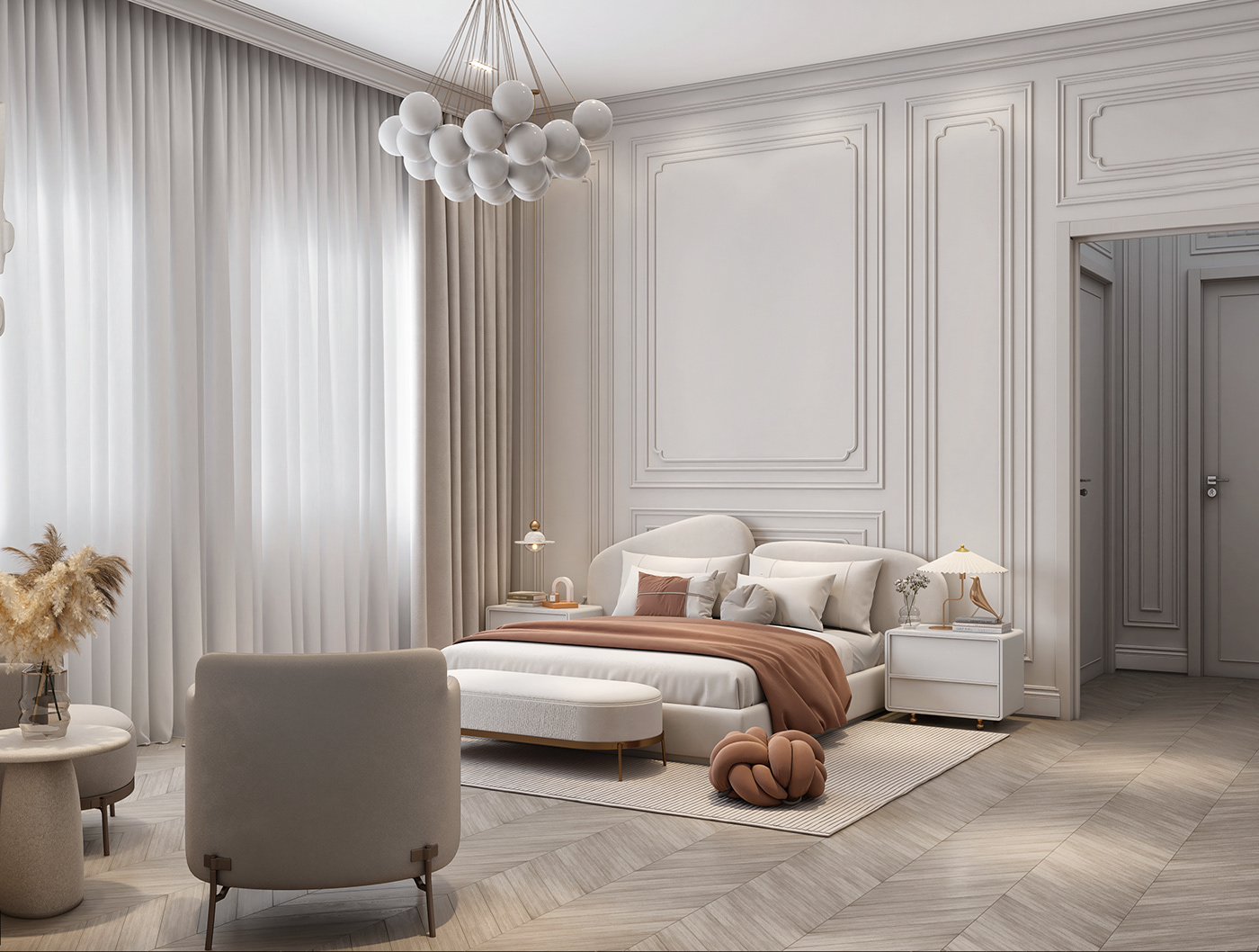 architecture interior design  visualization 3ds max vray neoclassic master bedroom bed lights modelling