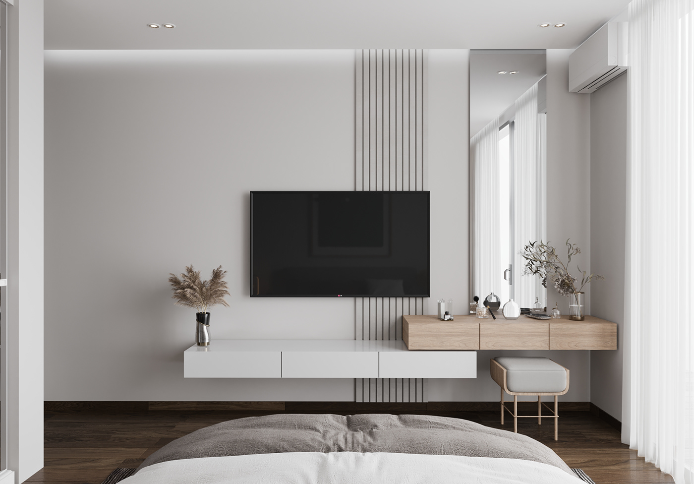Interior bedroom blue Minimalism calm cozy modern dresser natural wood