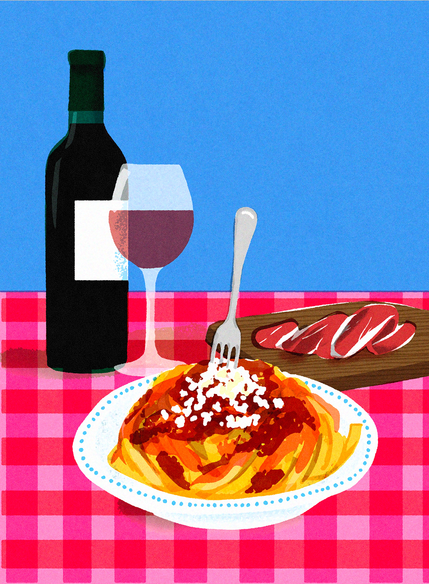 design Digital Art  Editorial Illustration food illustraiton graphic design  Limited Color Palette Packaging Riso still life wine illustration