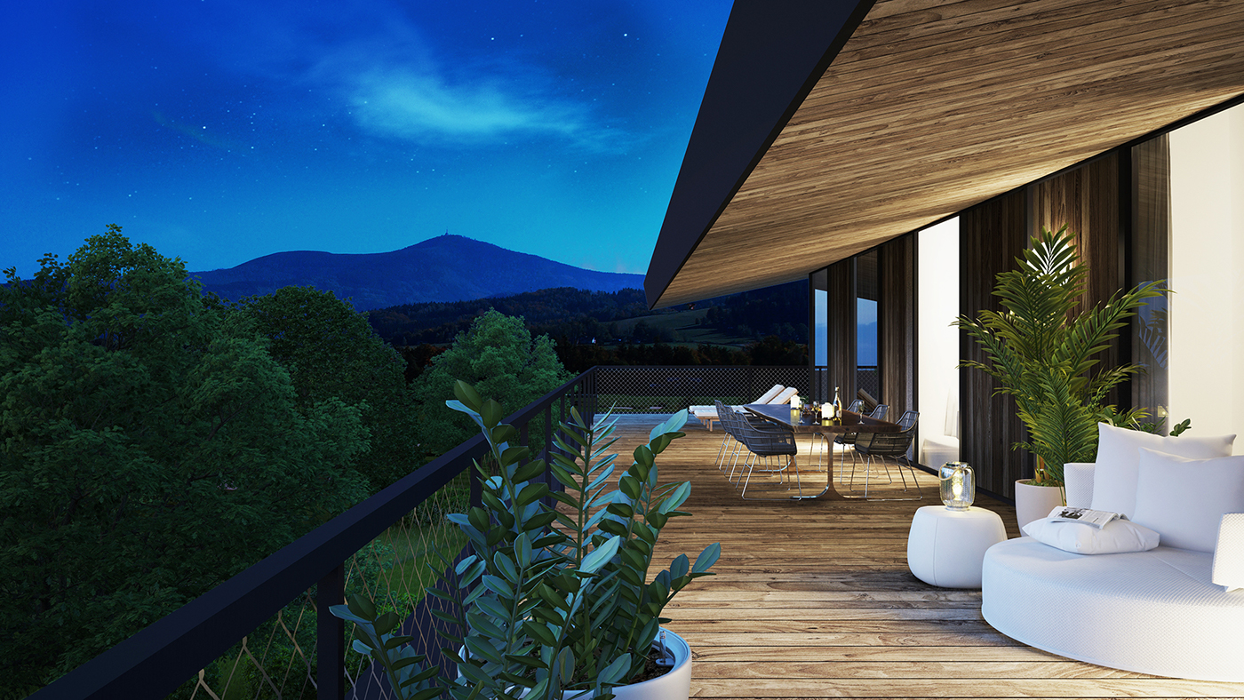 golf resort apartment visualisation 3D Interior exterior mountains night