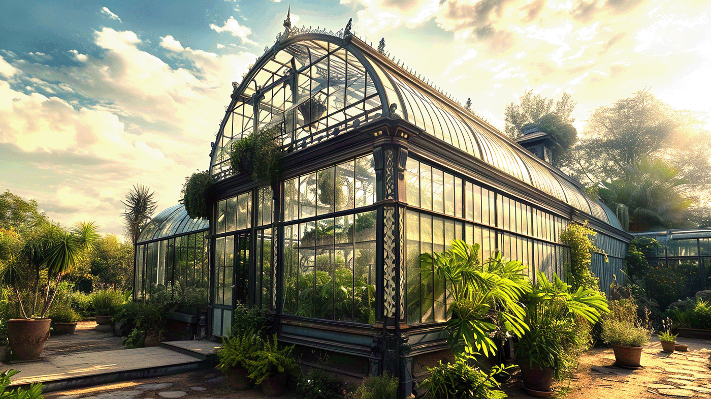 A large, glass-and-metal greenhouse powered