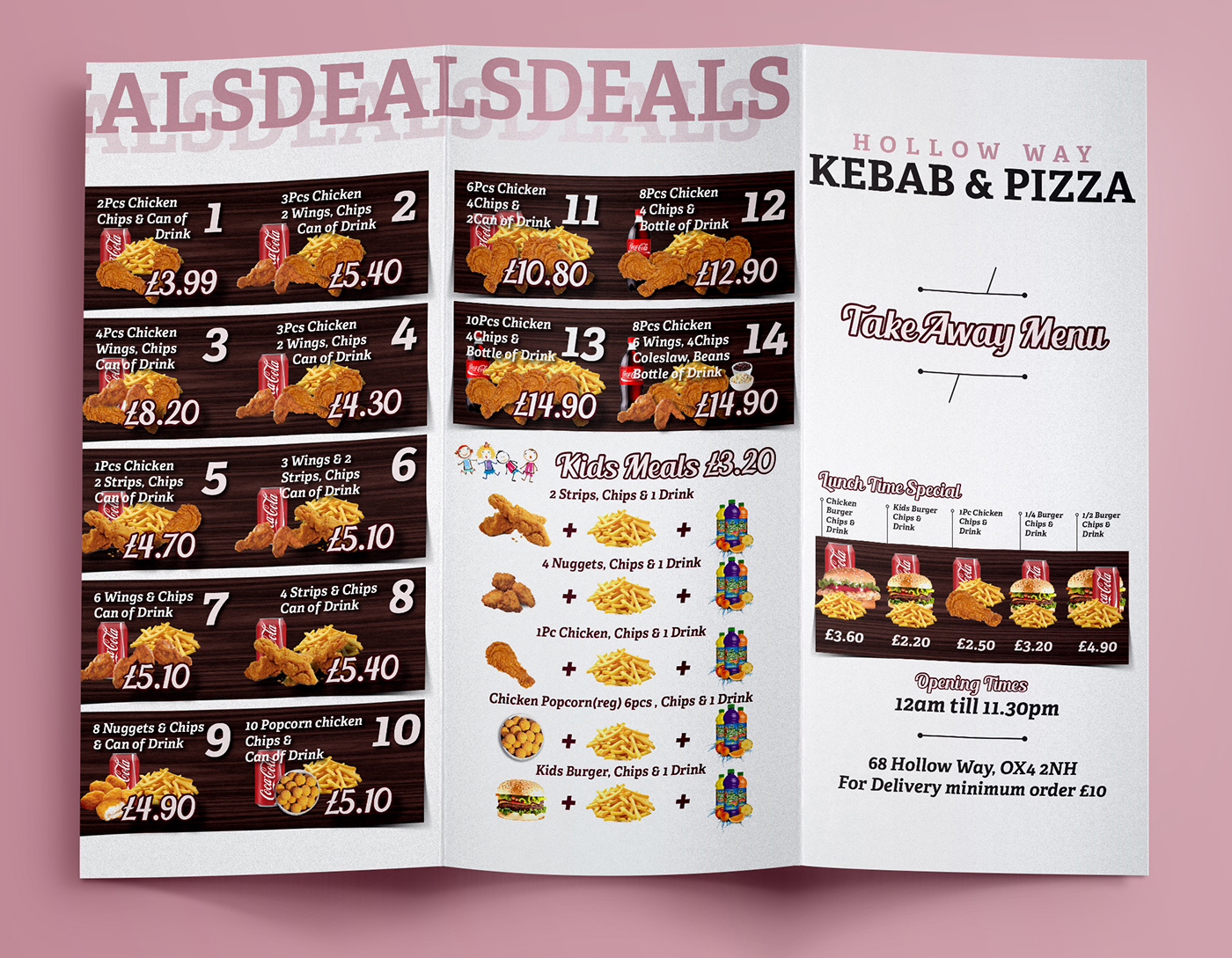 menu restaurant Food  print design artwork logo Mockup kebab Pizza Deals meals oxford hollow way burger