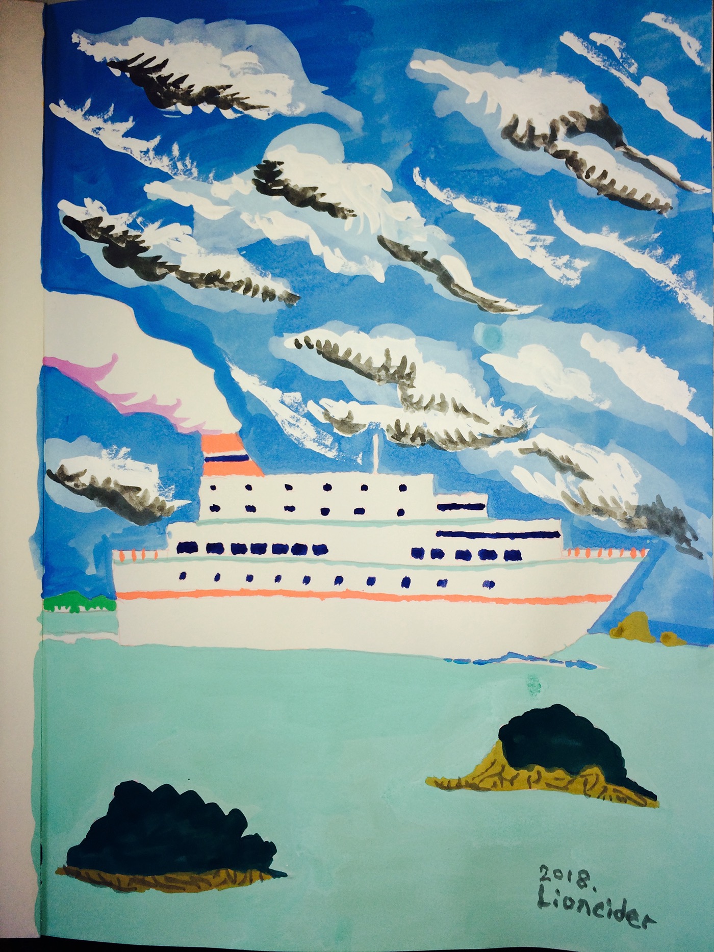 ILLUSTRATION  Drawing  ferry ship cloud sea blue islet White art colorful Acrylic paint pictures painting   Illustrator brush