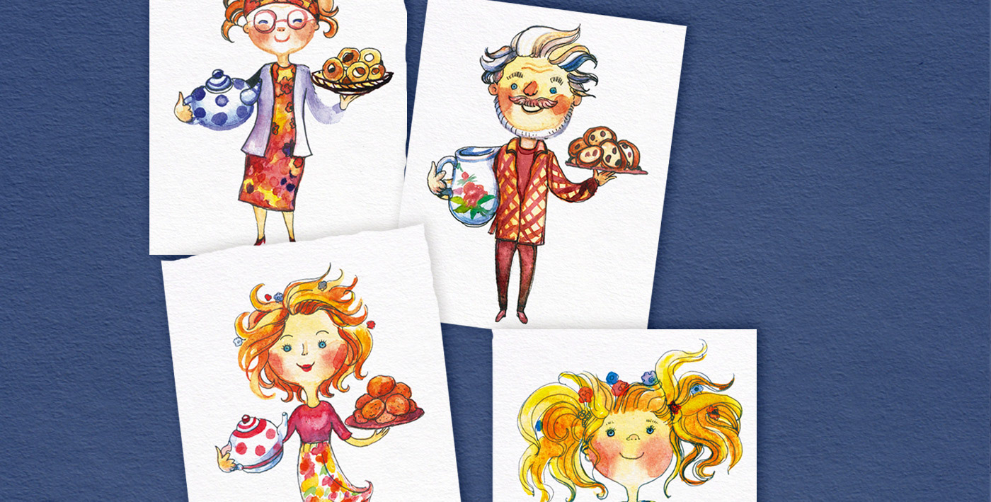 watercolor Character girl boy mom dad grandfather grandmother cookies cakes