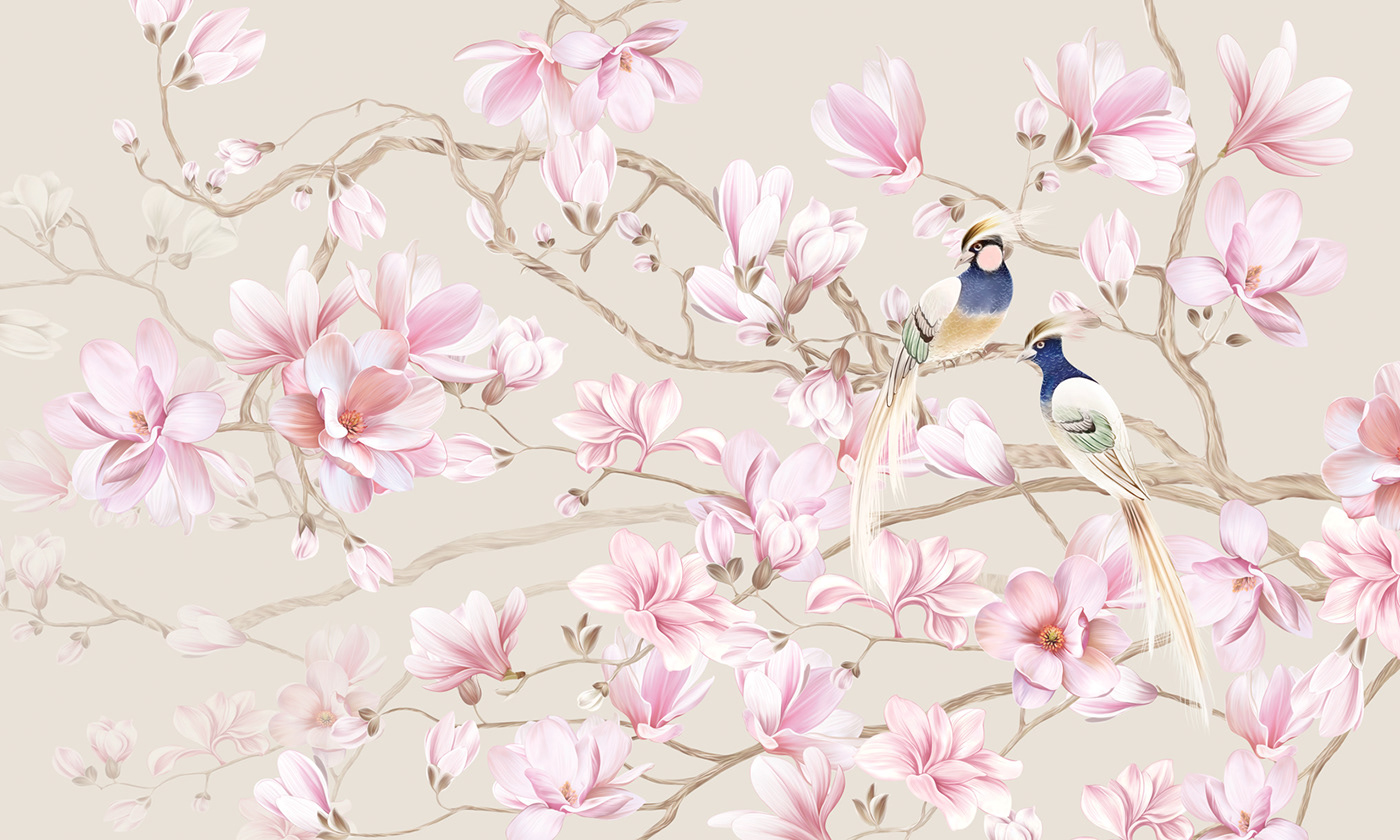 magnolia flower floral botanical bird pink green wallpaper fresco artwork