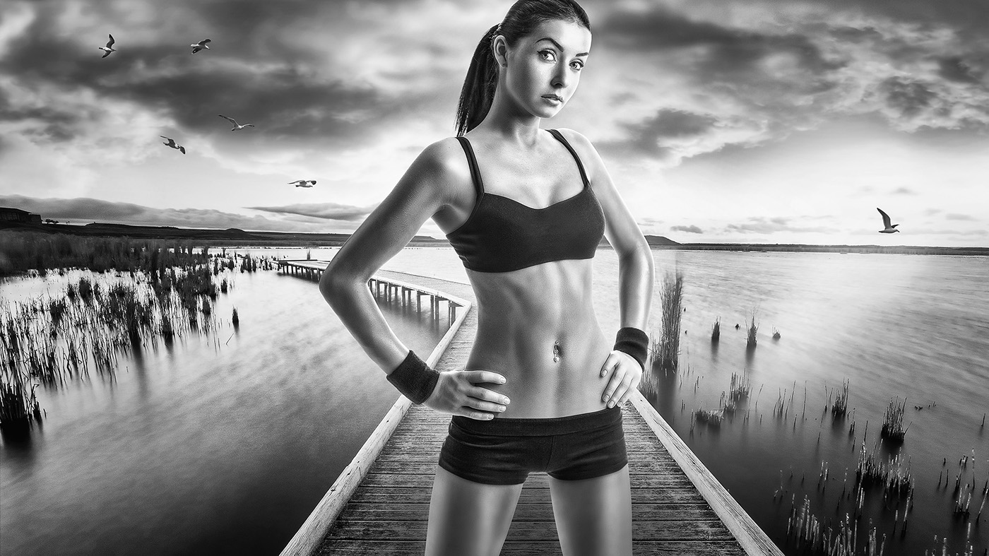 portrait Composite compositing girl model sports muscle lake running sexy