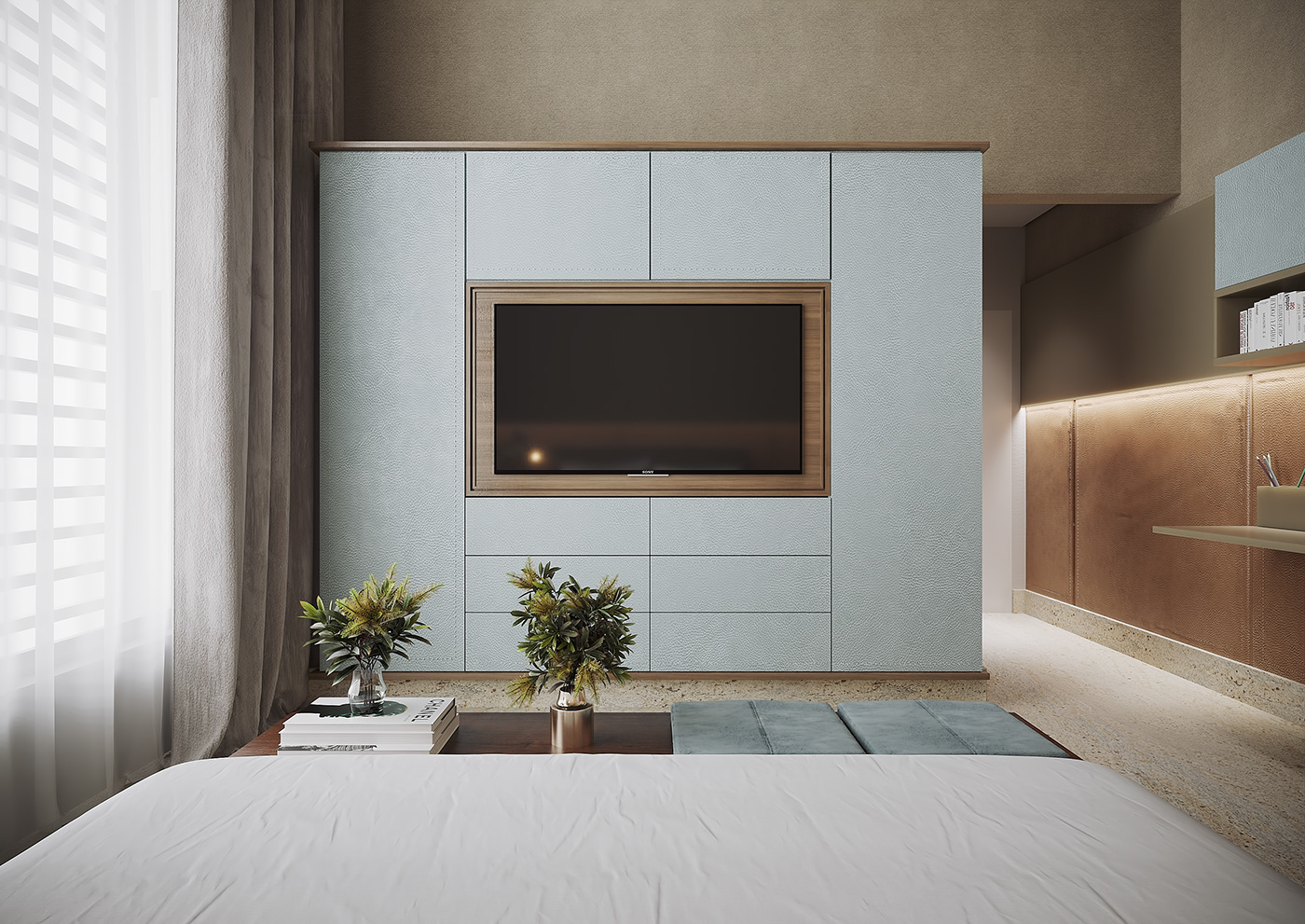 bed bedroom CGI cozy guest Hóspedes leather Quarto Render architecturevisualization