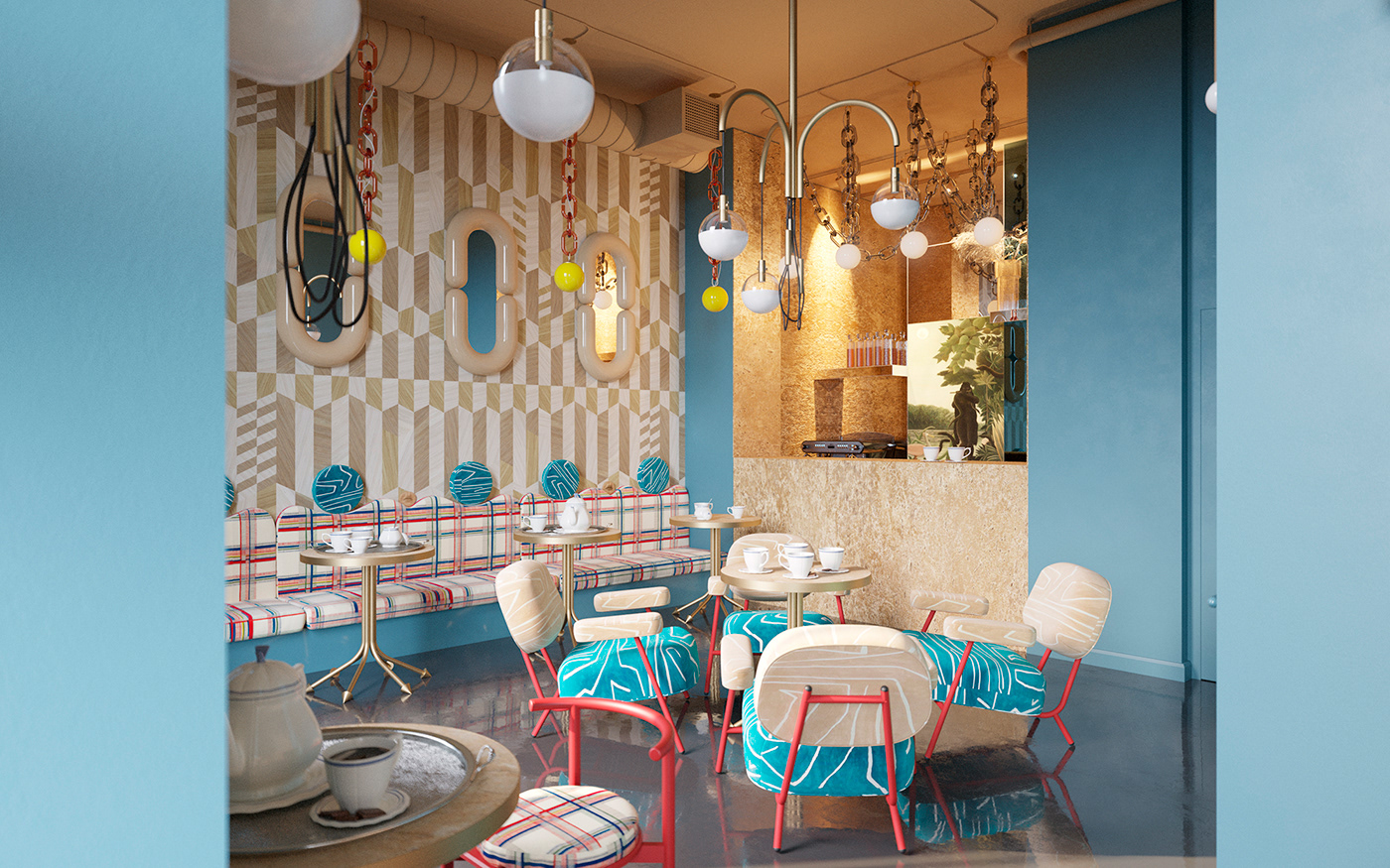 animals blue cafe decor design Interior marquetry Render restaurant wood