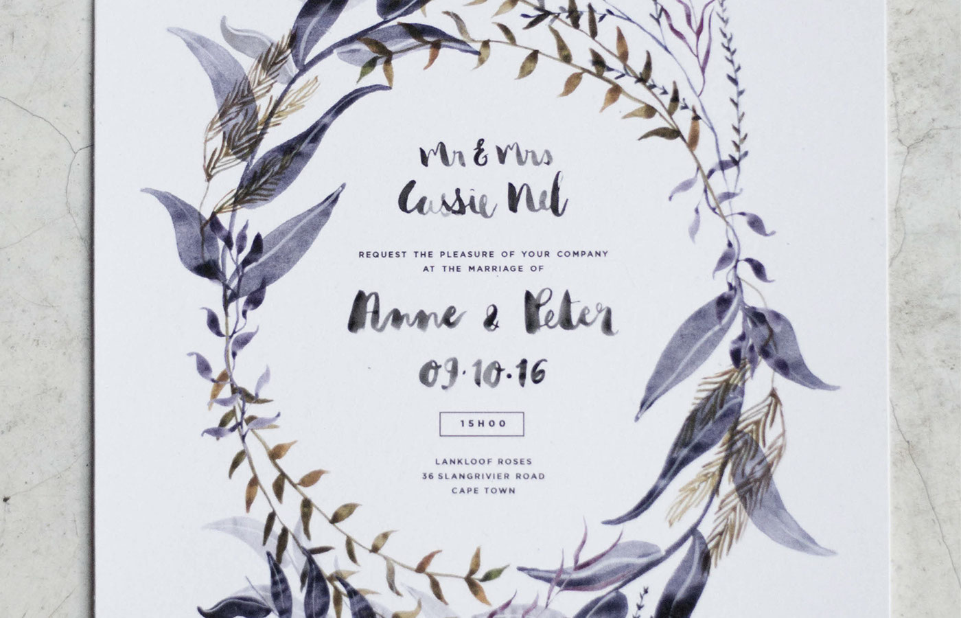 watercolor wedding stationery save the date invite Painted organic wreath purple gold Handlettering brushlettering paint bespoke Stationery wedding
